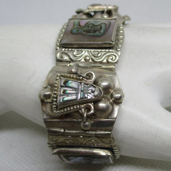 ABALONE MEXICAN SILVER Panel Bracelet Abalone Masks Rectangles Marked Mexico - Picture 1 of 15